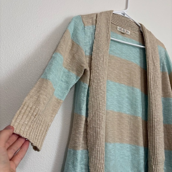 Pink rose, teal and cream striped 3/4 sleeve open front cardigan size large - Picture 2 of 4
